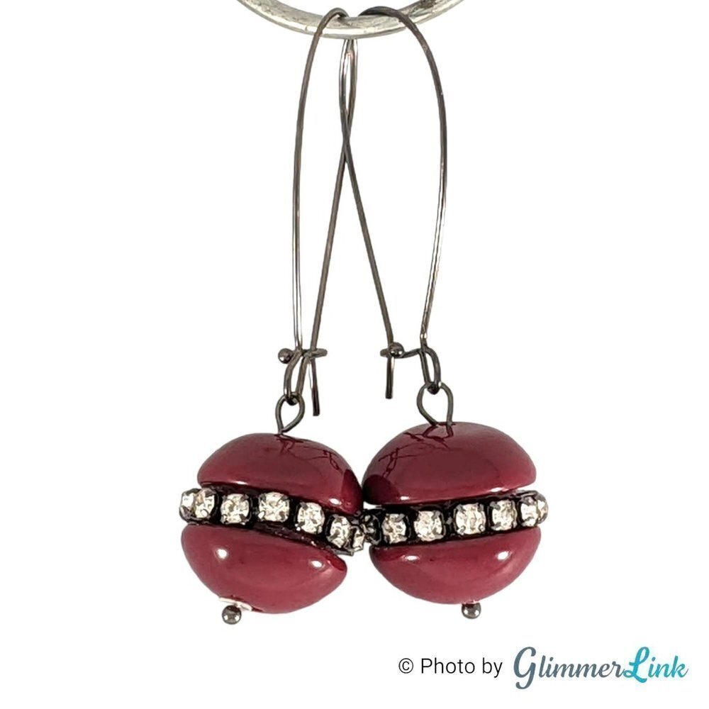 Brown Lucite Sphere Rhinestones Black Tone Dangle Earrings